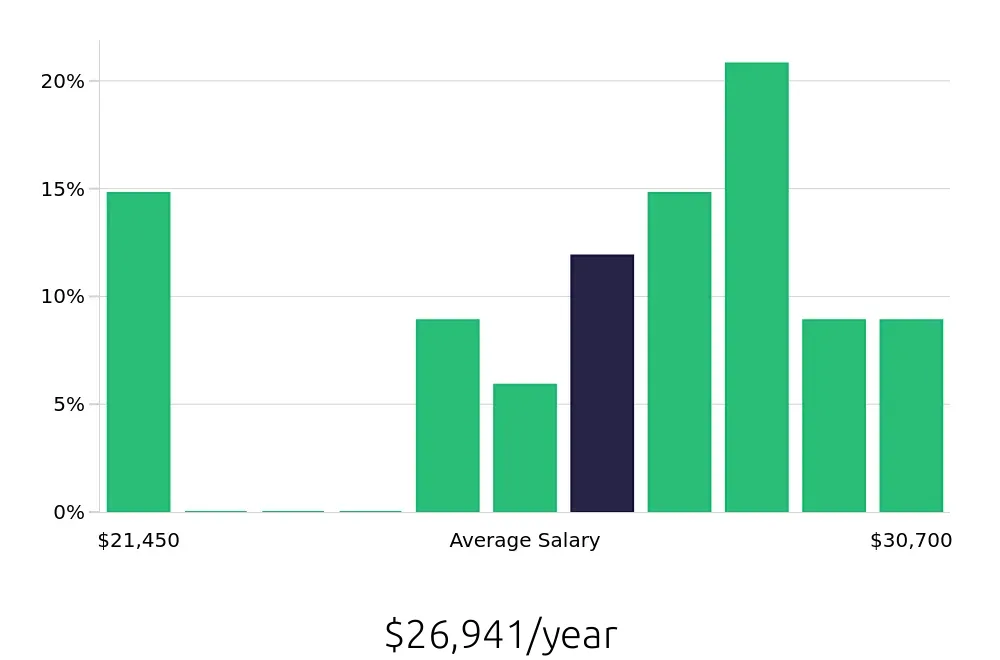 Graph depicting the yearly salary distribution for Busser jobs in Cartersville, GA, showing an average salary of $26,941 with varying distribution percentages across salary ranges.