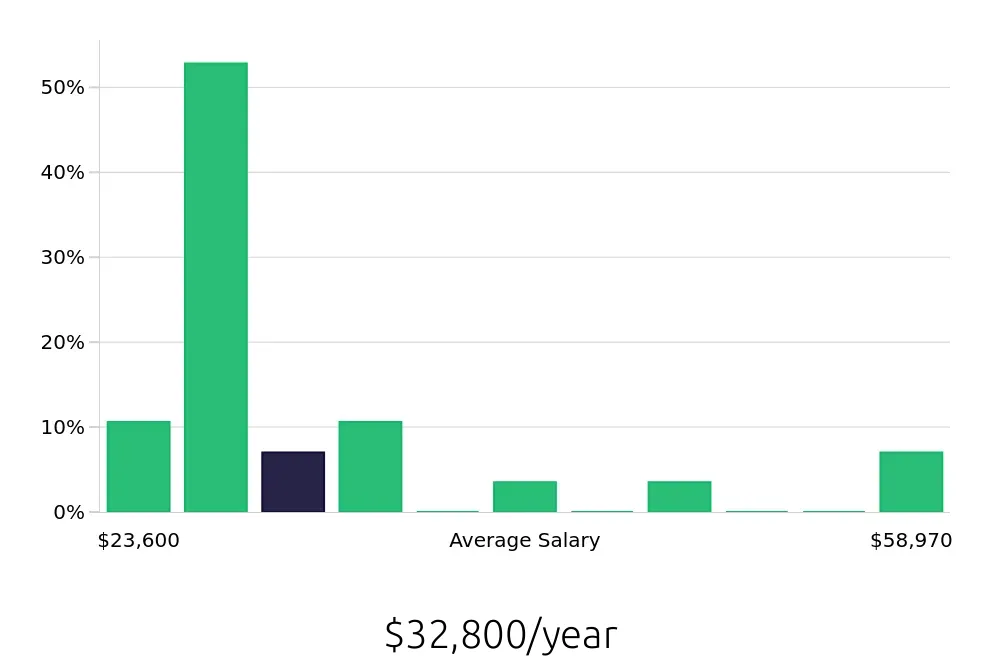 Graph depicting the yearly salary distribution for Busser jobs in Davenport, FL, showing an average salary of $32,800 with varying distribution percentages across salary ranges.