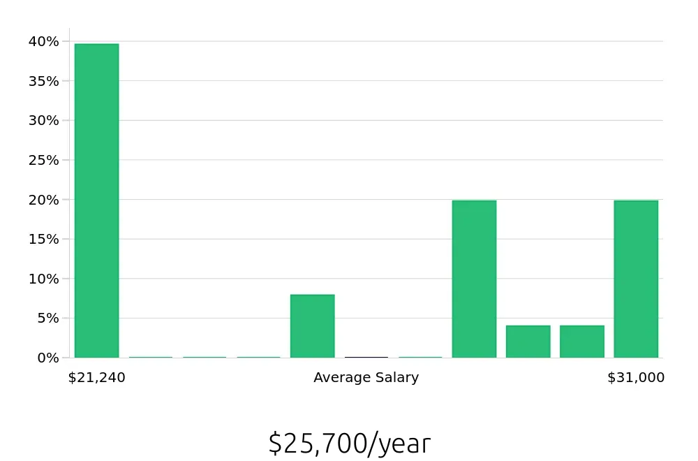 Graph depicting the yearly salary distribution for Busser jobs in Glenwood Springs, CO, showing an average salary of $25,700 with varying distribution percentages across salary ranges.