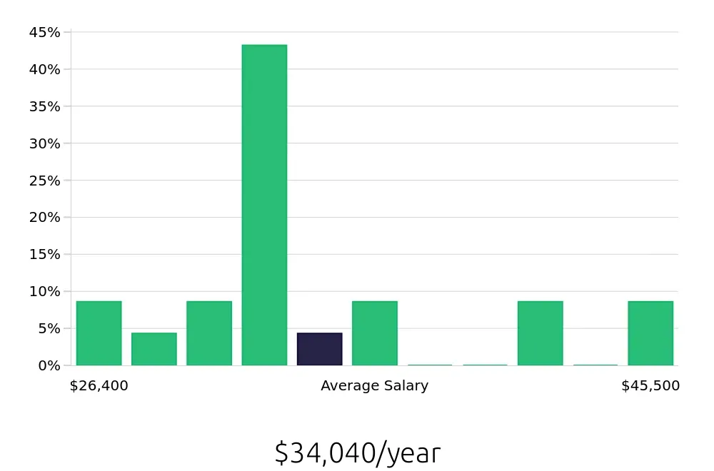 Graph depicting the yearly salary distribution for Busser jobs in Newburgh, NY, showing an average salary of $34,040 with varying distribution percentages across salary ranges.