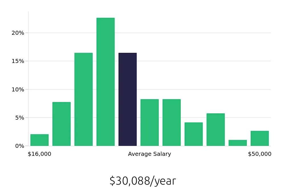 Graph depicting the yearly salary distribution for Busser jobs in Saint Petersburg, FL, showing an average salary of $30,088 with varying distribution percentages across salary ranges.