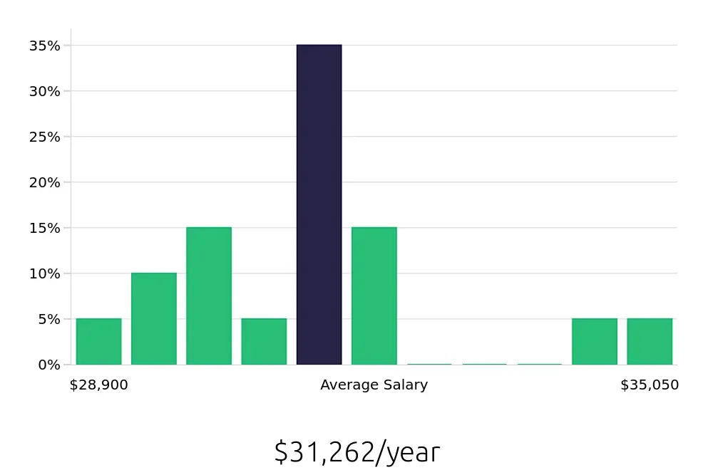 Graph depicting the yearly salary distribution for Cake Decorator jobs in Hanover, MD, showing an average salary of $31,262 with varying distribution percentages across salary ranges.