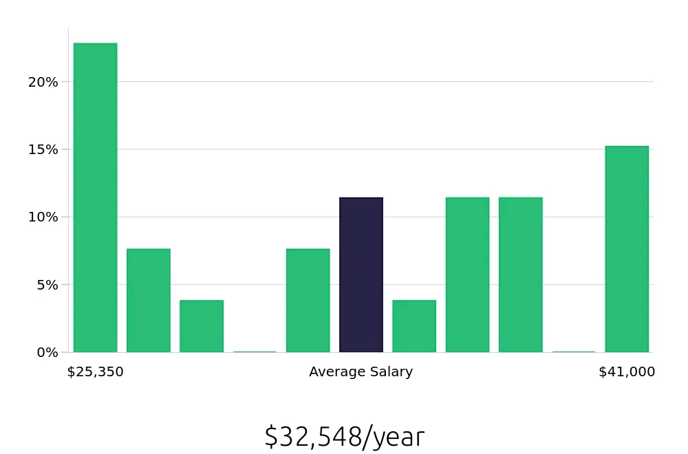 Graph depicting the yearly salary distribution for Cake Decorator jobs in North Charleston, SC, showing an average salary of $32,548 with varying distribution percentages across salary ranges.