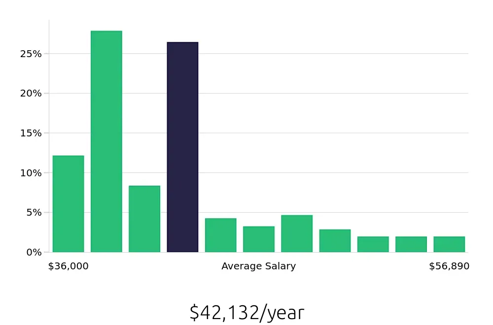 Graph depicting the yearly salary distribution for Call Center Representative jobs in Boston, MA, showing an average salary of $42,132 with varying distribution percentages across salary ranges.