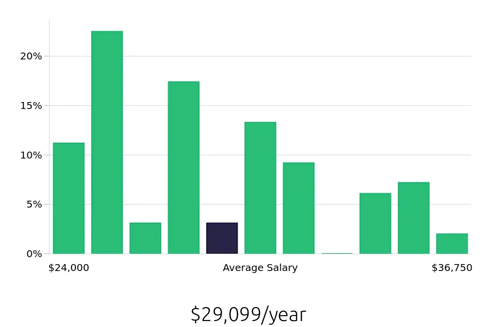 Graph depicting the yearly salary distribution for Cashier jobs in Brandon, FL, showing an average salary of $29,099 with varying distribution percentages across salary ranges.