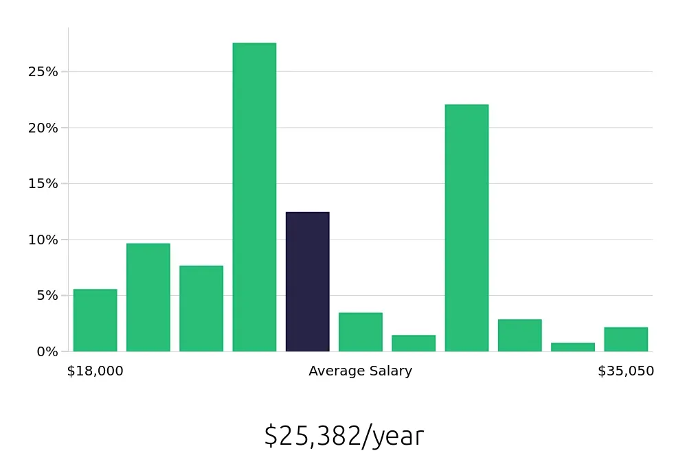 Graph depicting the yearly salary distribution for Cashier jobs in Gastonia, NC, showing an average salary of $25,382 with varying distribution percentages across salary ranges.