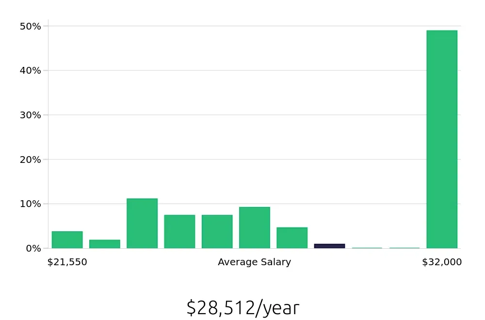 Graph depicting the yearly salary distribution for Cashier jobs in Hopkinsville, KY, showing an average salary of $28,512 with varying distribution percentages across salary ranges.