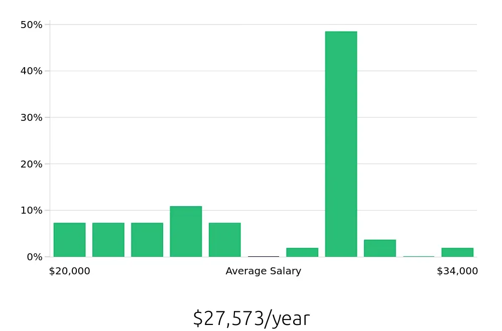 Graph depicting the yearly salary distribution for Cashier jobs in New Castle, PA, showing an average salary of $27,573 with varying distribution percentages across salary ranges.