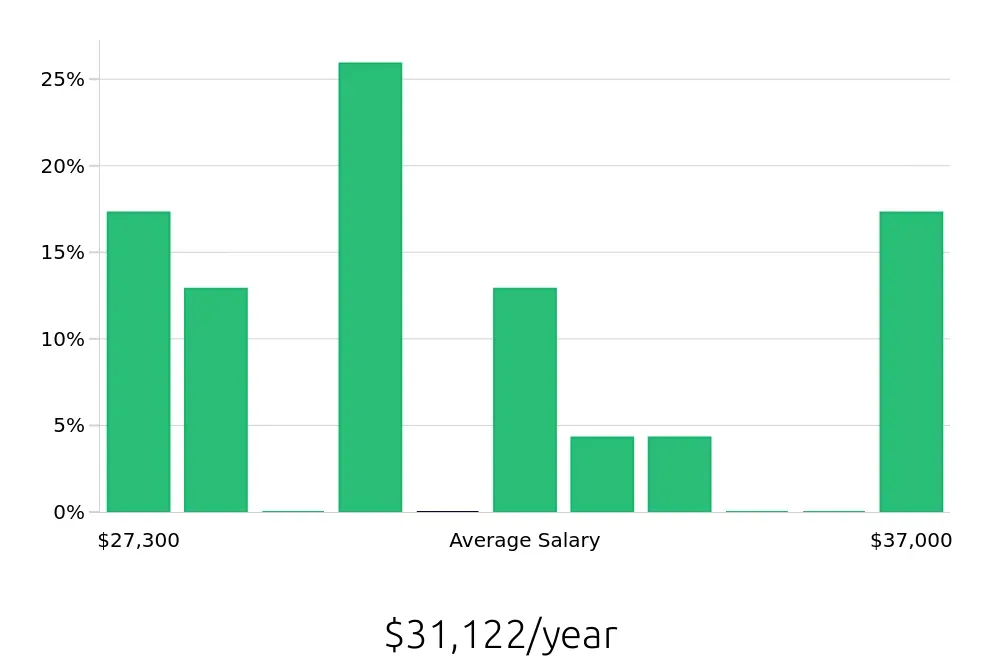Graph depicting the yearly salary distribution for Cashier jobs in West Seneca, NY, showing an average salary of $31,122 with varying distribution percentages across salary ranges.