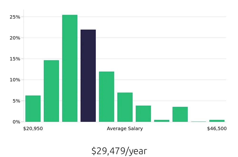 Graph depicting the yearly salary distribution for Cleaner jobs in Amarillo, TX, showing an average salary of $29,479 with varying distribution percentages across salary ranges.