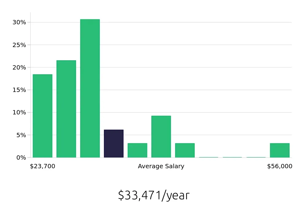 Graph depicting the yearly salary distribution for Cleaner jobs in Anniston, AL, showing an average salary of $33,471 with varying distribution percentages across salary ranges.