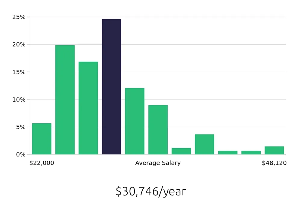 Graph depicting the yearly salary distribution for Cleaner jobs in Birmingham, AL, showing an average salary of $30,746 with varying distribution percentages across salary ranges.