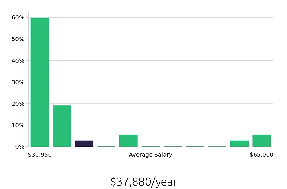 Graph depicting the yearly salary distribution for Cleaner jobs in Blaine, MN, showing an average salary of $37,880 with varying distribution percentages across salary ranges.
