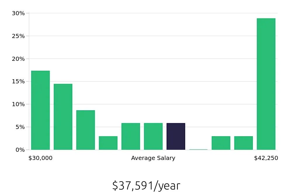 Graph depicting the yearly salary distribution for Cleaner jobs in Chicopee, MA, showing an average salary of $37,591 with varying distribution percentages across salary ranges.