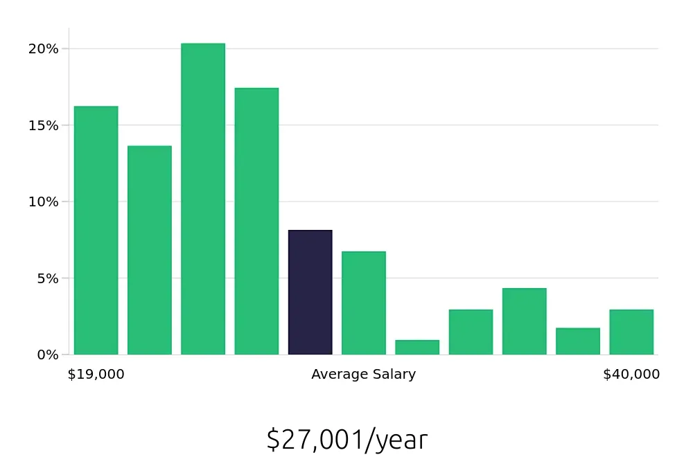 Graph depicting the yearly salary distribution for Cleaner jobs in El Paso, TX, showing an average salary of $27,001 with varying distribution percentages across salary ranges.
