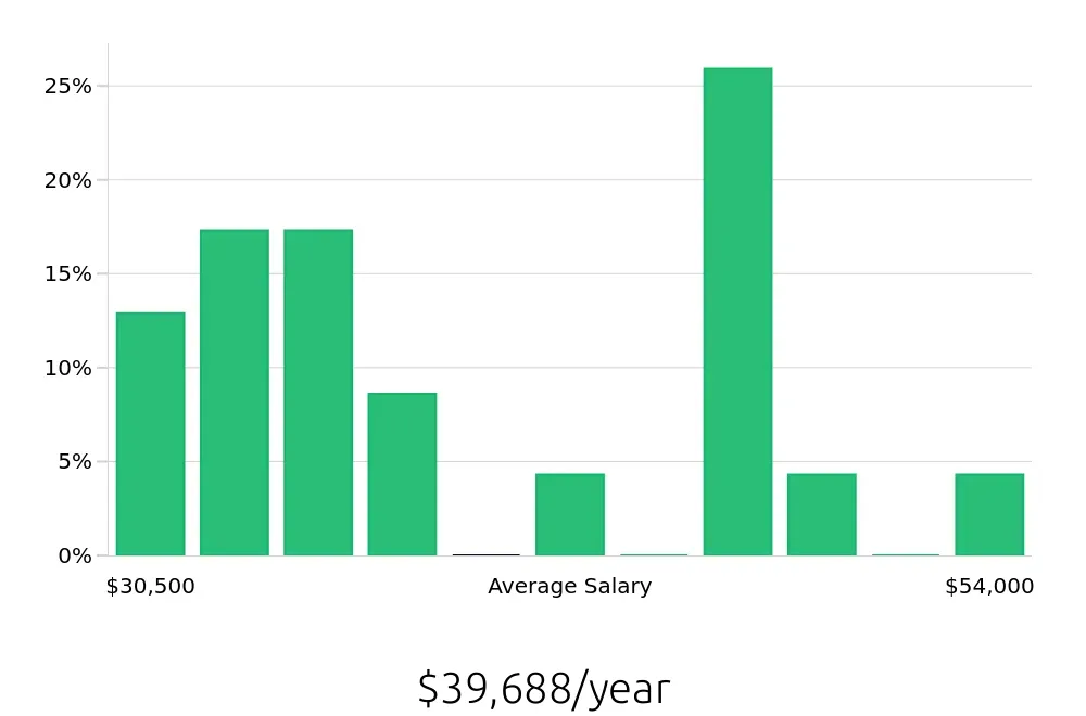Graph depicting the yearly salary distribution for Cleaner jobs in Hyattsville, MD, showing an average salary of $39,688 with varying distribution percentages across salary ranges.
