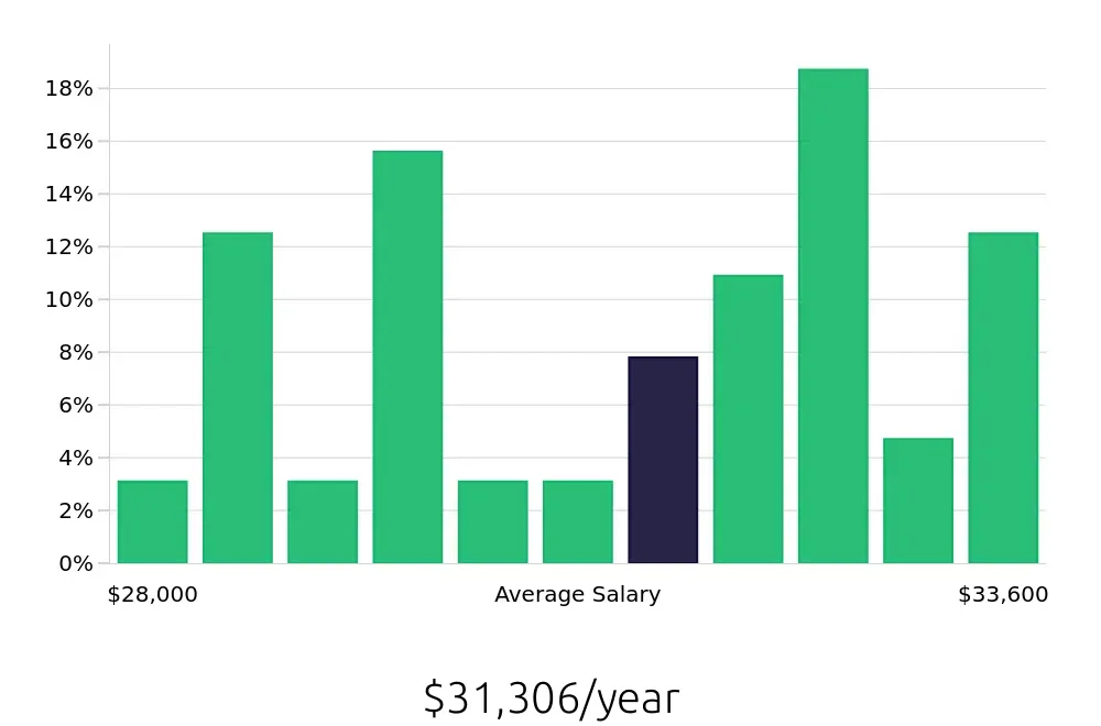 Graph depicting the yearly salary distribution for Cleaner jobs in Ladson, SC, showing an average salary of $31,306 with varying distribution percentages across salary ranges.