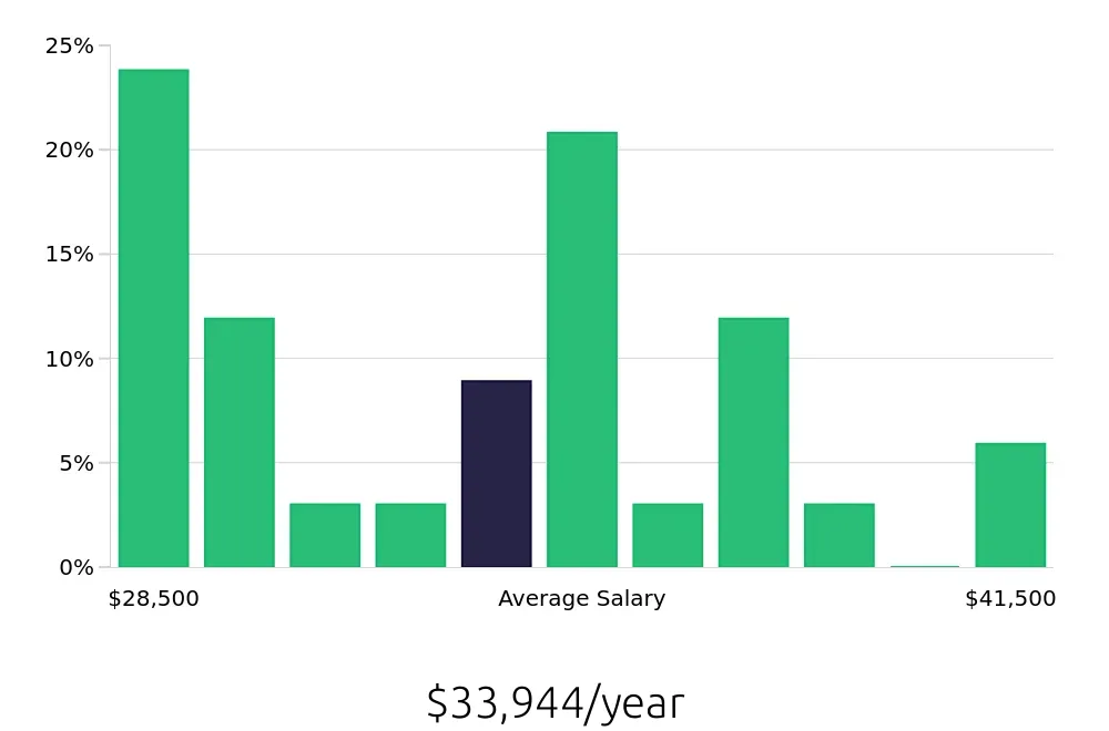 Graph depicting the yearly salary distribution for Cleaner jobs in Lees Summit, MO, showing an average salary of $33,944 with varying distribution percentages across salary ranges.