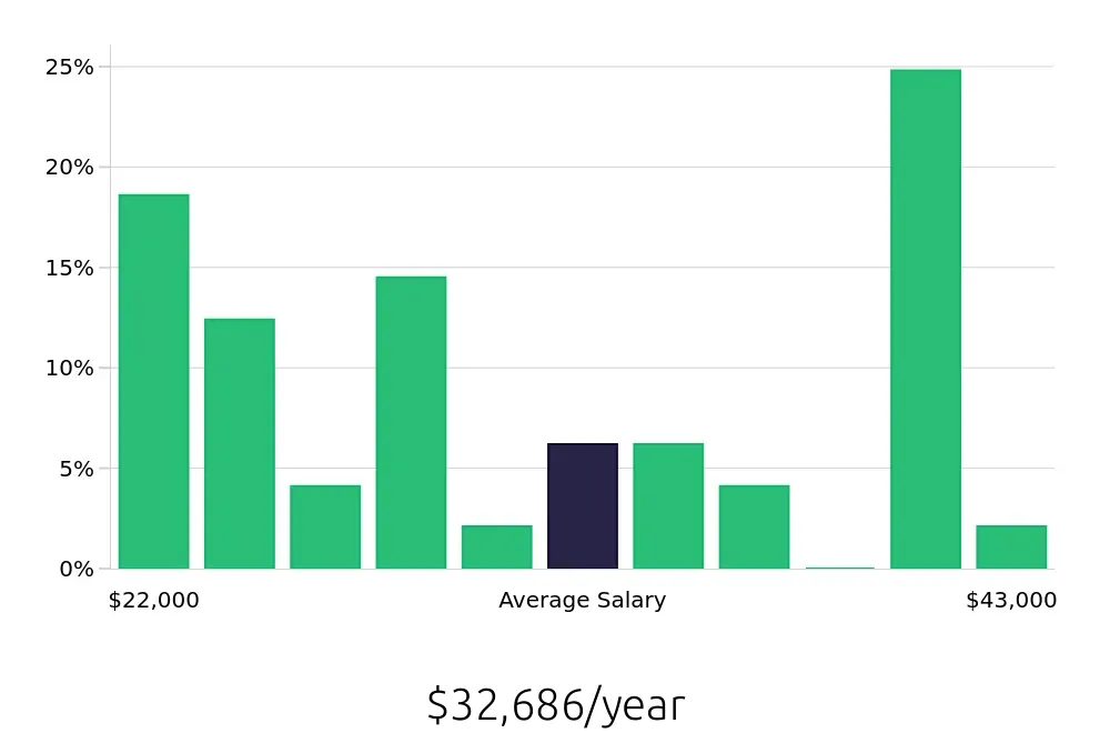 Graph depicting the yearly salary distribution for Cleaner jobs in Mesquite, TX, showing an average salary of $32,686 with varying distribution percentages across salary ranges.