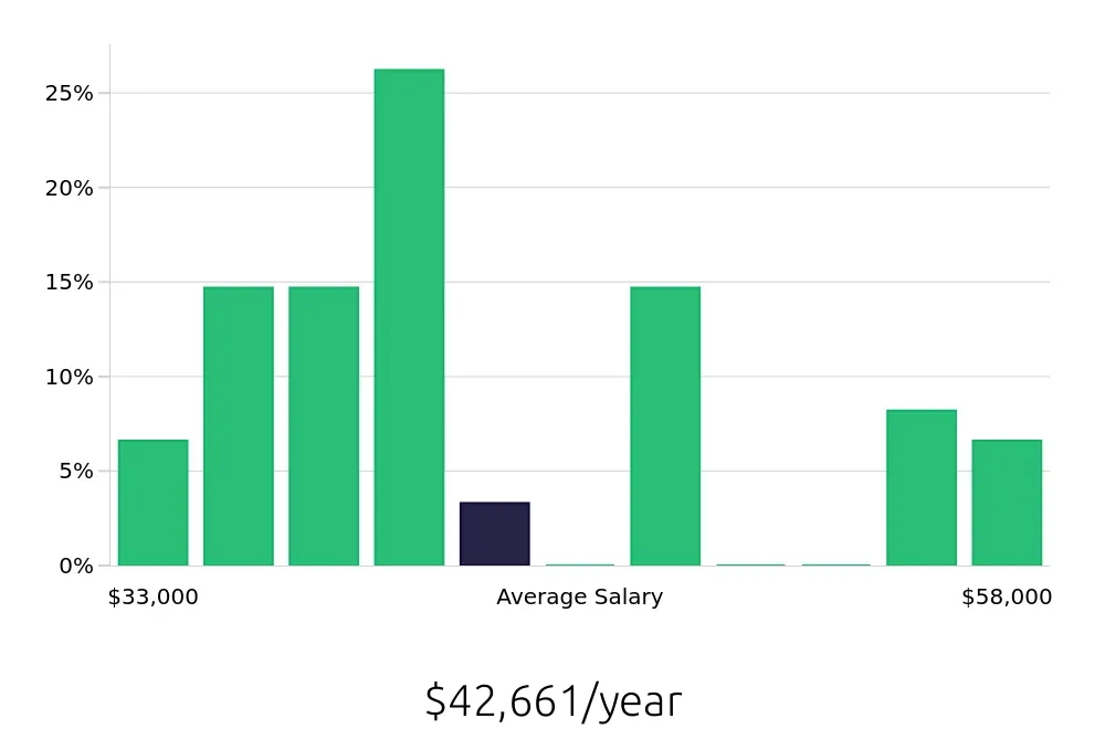 Graph depicting the yearly salary distribution for Cleaner jobs in Minneapolis-Saint Paul, MN, showing an average salary of $42,661 with varying distribution percentages across salary ranges.