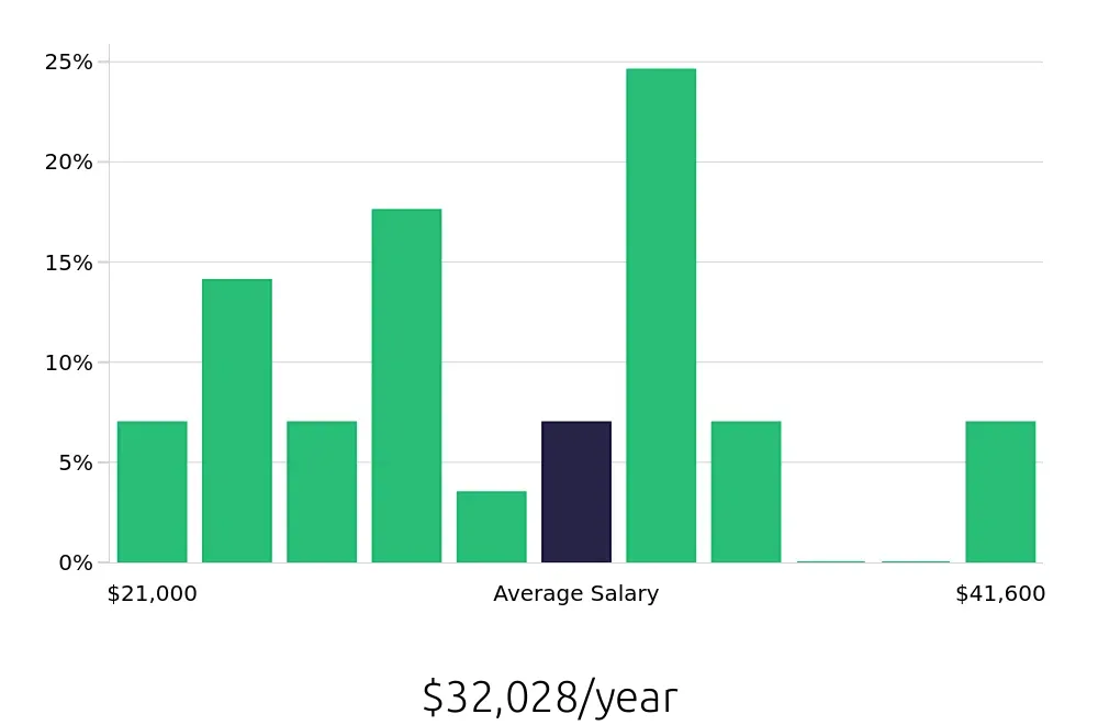 Graph depicting the yearly salary distribution for Cleaner jobs in Missouri City, TX, showing an average salary of $32,028 with varying distribution percentages across salary ranges.