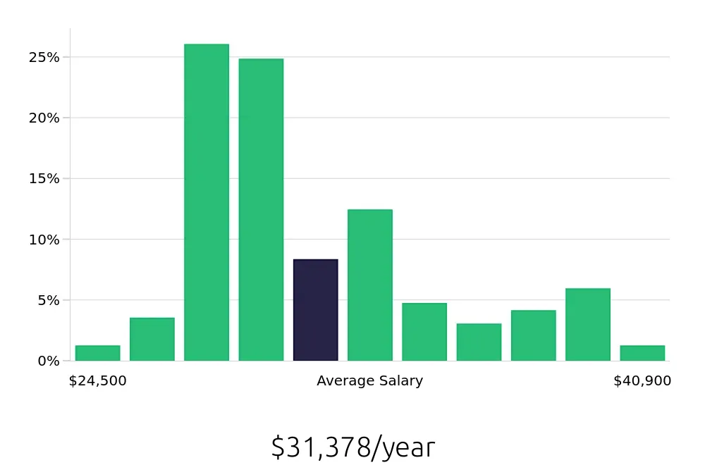 Graph depicting the yearly salary distribution for Cleaner jobs in Newark, DE, showing an average salary of $31,378 with varying distribution percentages across salary ranges.
