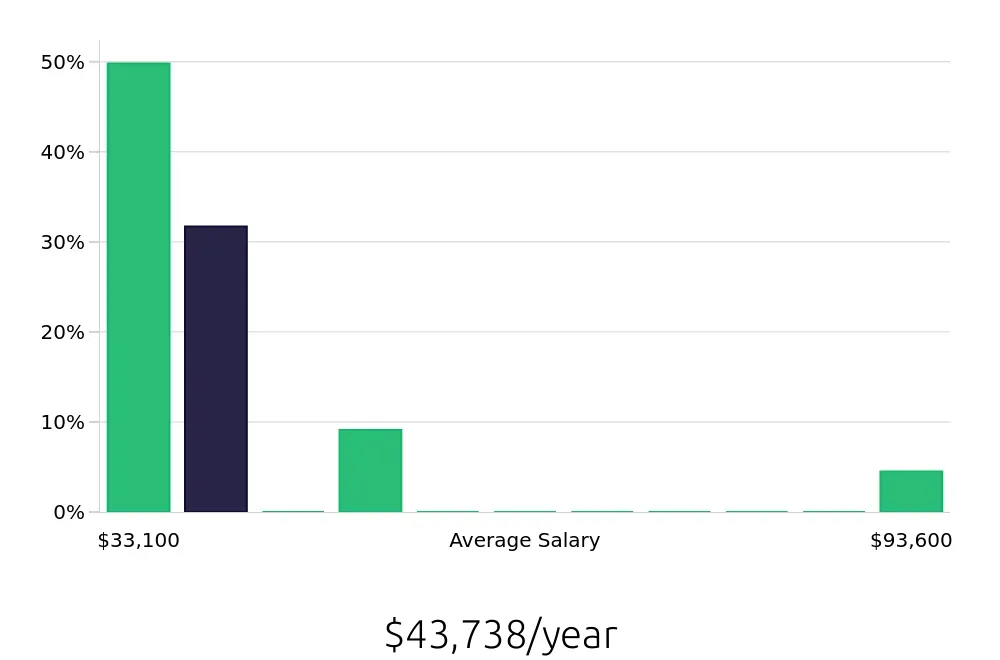 Graph depicting the yearly salary distribution for Cleaner jobs in Newton, MA, showing an average salary of $43,738 with varying distribution percentages across salary ranges.