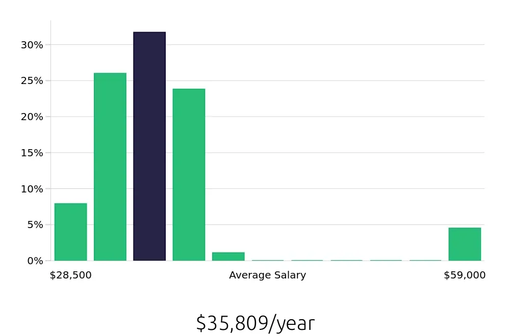 Graph depicting the yearly salary distribution for Cleaner jobs in Orchard Park, NY, showing an average salary of $35,809 with varying distribution percentages across salary ranges.
