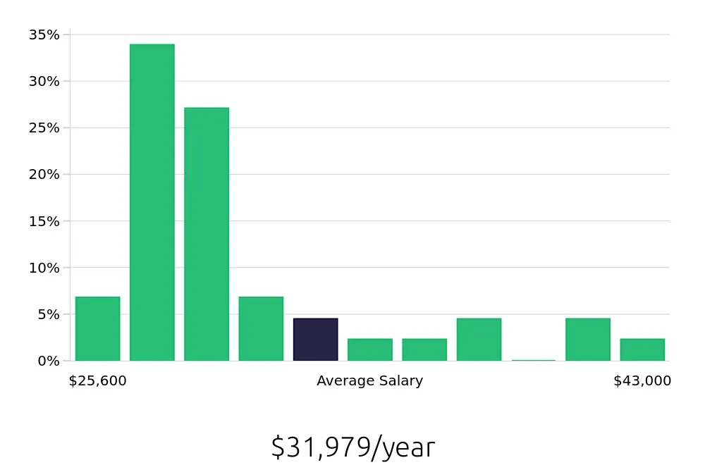 Graph depicting the yearly salary distribution for Cleaner jobs in Palm Bay, FL, showing an average salary of $31,979 with varying distribution percentages across salary ranges.