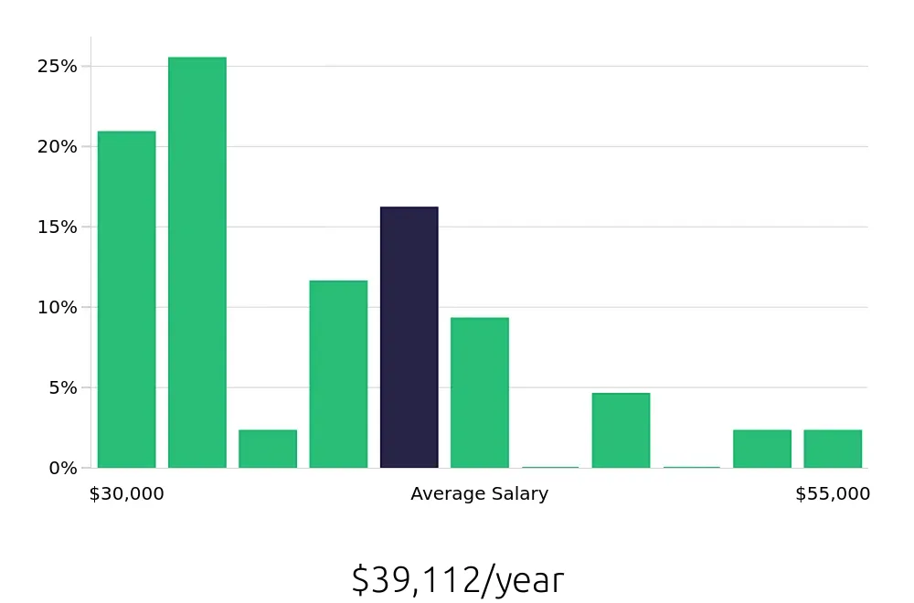 Graph depicting the yearly salary distribution for Cleaner jobs in Pittsfield, MA, showing an average salary of $39,112 with varying distribution percentages across salary ranges.