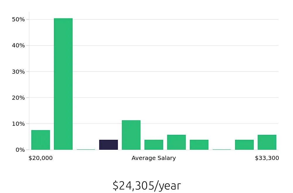 Graph depicting the yearly salary distribution for Cleaner jobs in Stephenville, TX, showing an average salary of $24,305 with varying distribution percentages across salary ranges.