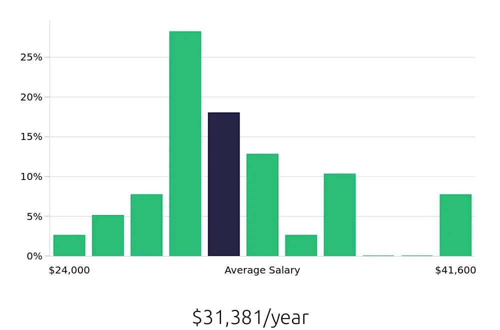 Graph depicting the yearly salary distribution for Cleaner jobs in Tucker, GA, showing an average salary of $31,381 with varying distribution percentages across salary ranges.