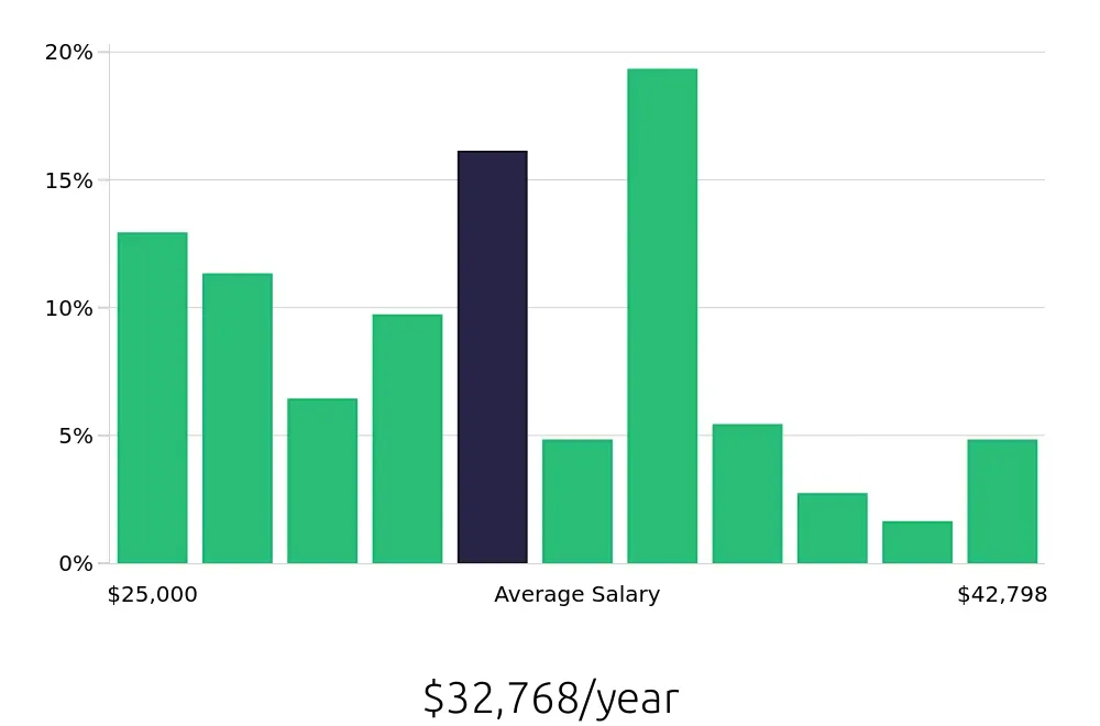 Graph depicting the yearly salary distribution for Cleaner jobs in Williamsburg, VA, showing an average salary of $32,768 with varying distribution percentages across salary ranges.