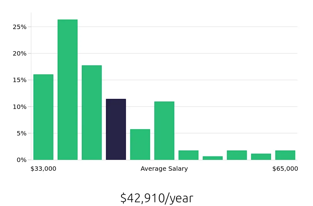 Graph depicting the yearly salary distribution for Construction Laborer jobs in Austin, TX, showing an average salary of $42,910 with varying distribution percentages across salary ranges.