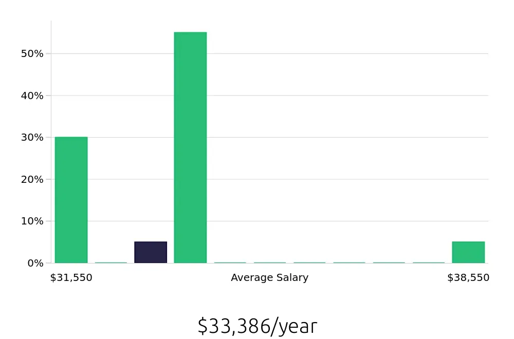 Graph depicting the yearly salary distribution for Construction Laborer jobs in Mount Airy, NC, showing an average salary of $33,386 with varying distribution percentages across salary ranges.