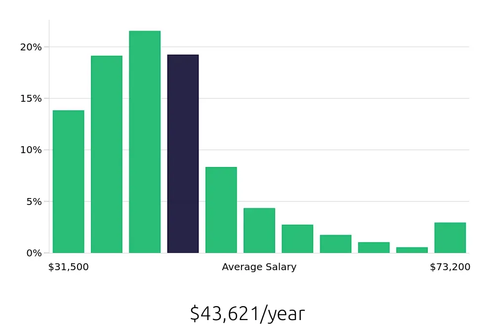 Graph depicting the yearly salary distribution for Cook jobs in New York, NY, showing an average salary of $43,621 with varying distribution percentages across salary ranges.