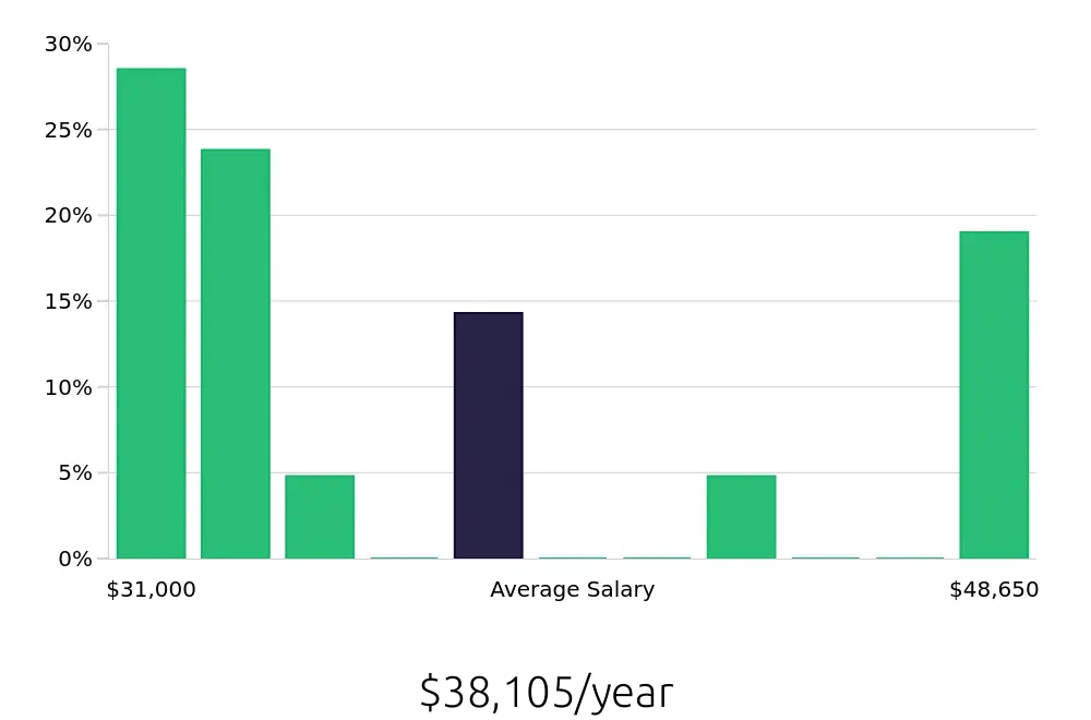 Graph depicting the yearly salary distribution for Customer Service Associate jobs in Camarillo, CA, showing an average salary of $38,105 with varying distribution percentages across salary ranges.