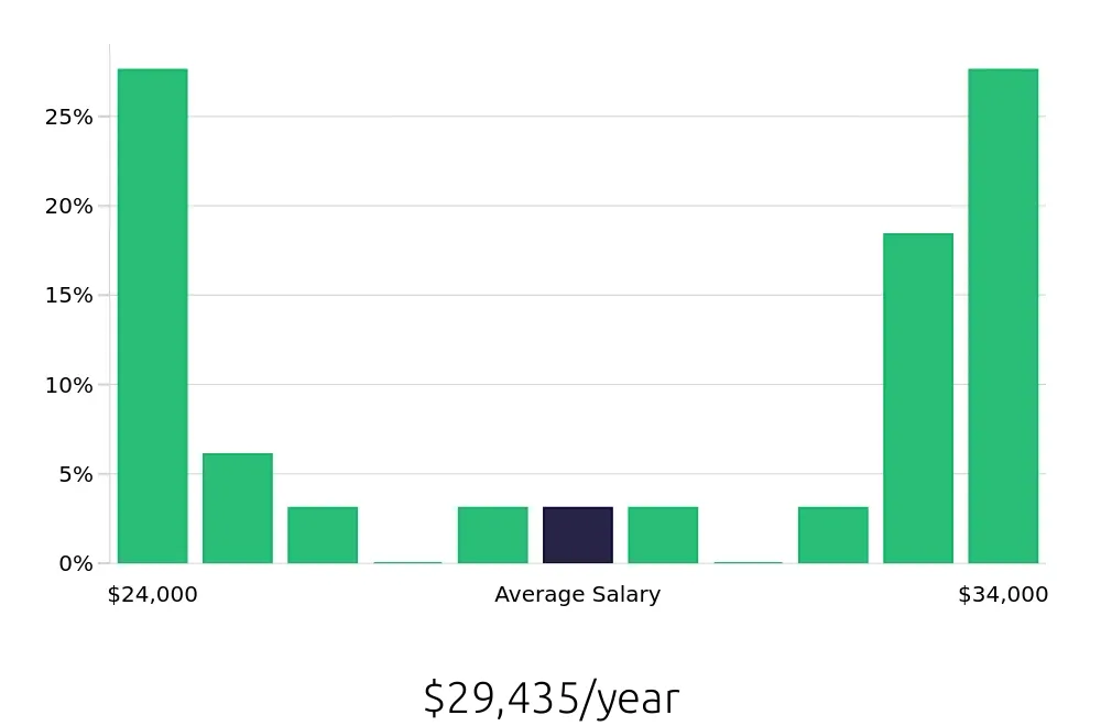 Graph depicting the yearly salary distribution for Customer Service Associate jobs in Ormond Beach, FL, showing an average salary of $29,435 with varying distribution percentages across salary ranges.