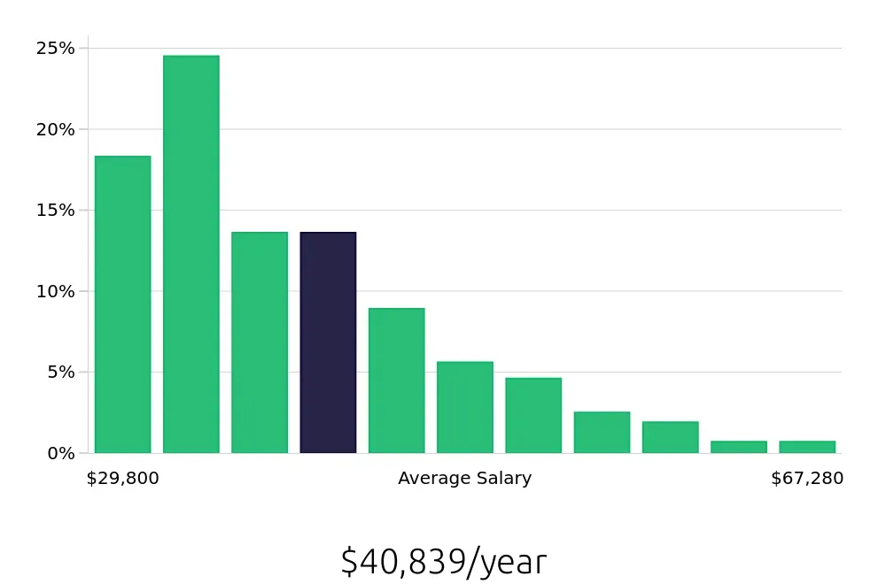 Graph depicting the yearly salary distribution for Customer Service Representative jobs in Boston, MA, showing an average salary of $40,839 with varying distribution percentages across salary ranges.