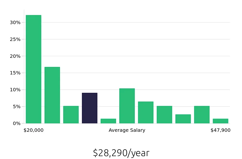 Graph depicting the yearly salary distribution for Customer Service Representative jobs in Richmond Hill, GA, showing an average salary of $28,290 with varying distribution percentages across salary ranges.
