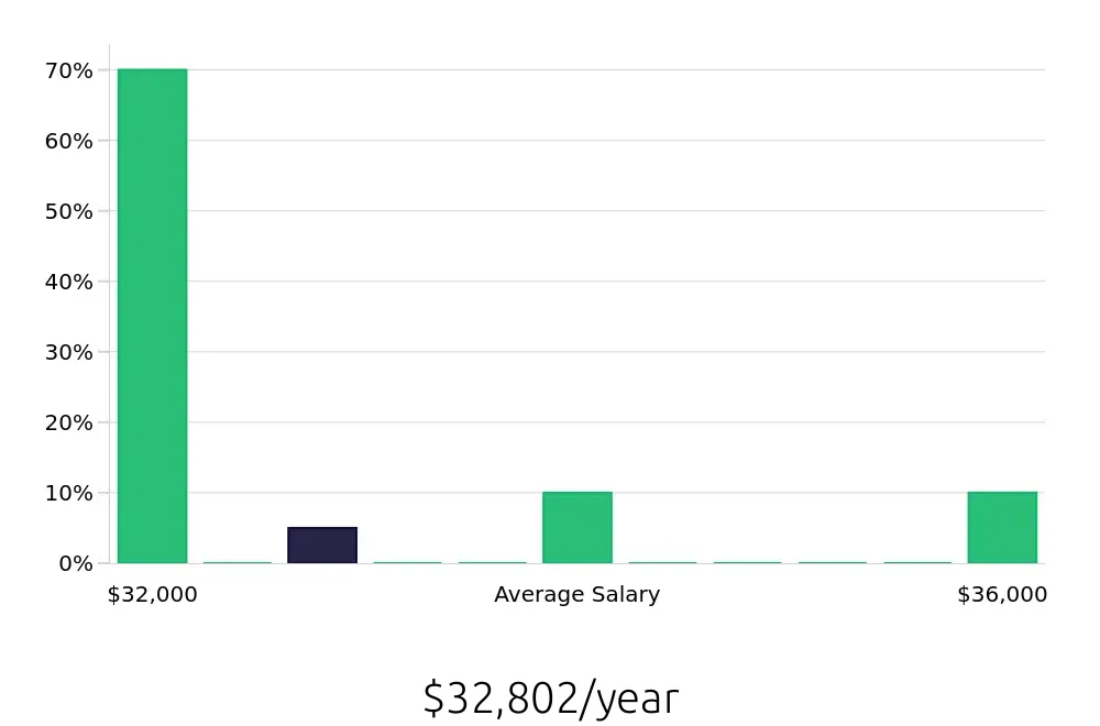 Graph depicting the yearly salary distribution for Data Entry Clerk jobs in Mount Laurel, NJ, showing an average salary of $32,802 with varying distribution percentages across salary ranges.