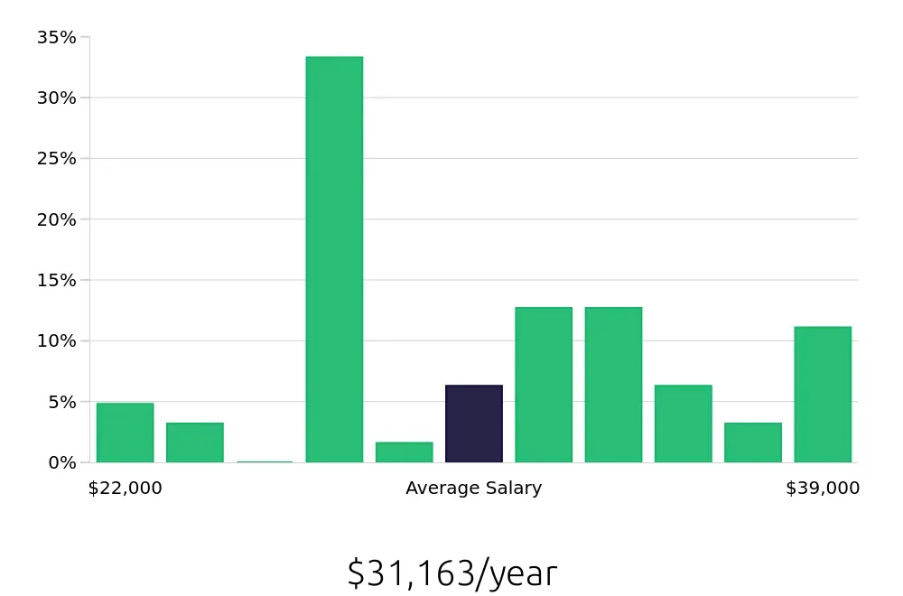 Graph depicting the yearly salary distribution for Direct Support Professional jobs in Meadville, PA, showing an average salary of $31,163 with varying distribution percentages across salary ranges.
