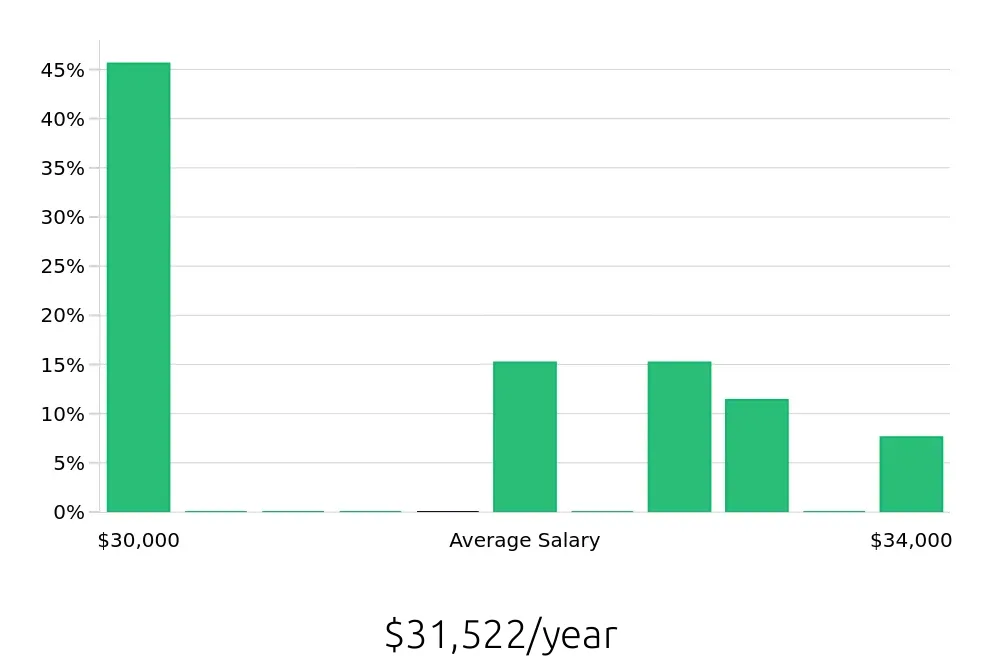 Graph depicting the yearly salary distribution for Direct Support Professional jobs in Rochester Hills, MI, showing an average salary of $31,522 with varying distribution percentages across salary ranges.