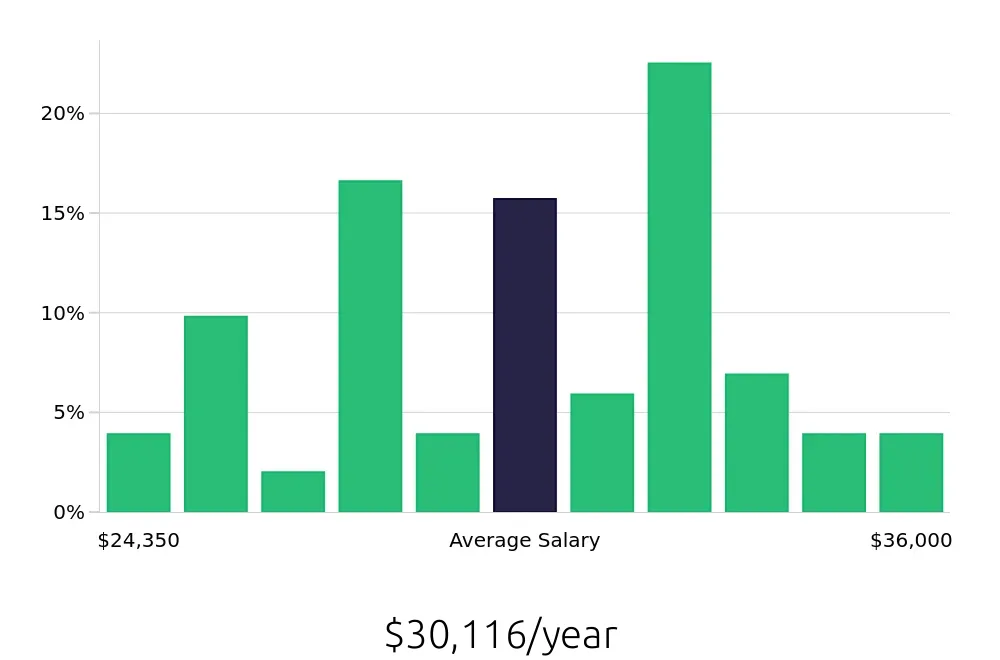 Graph depicting the yearly salary distribution for Dishwasher jobs in Ashburn, VA, showing an average salary of $30,116 with varying distribution percentages across salary ranges.