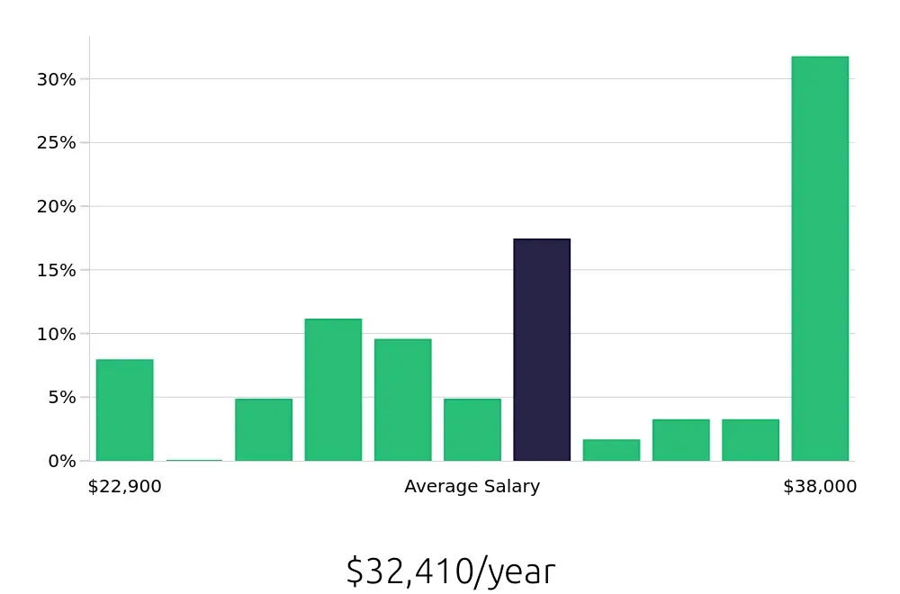 Graph depicting the yearly salary distribution for Dishwasher jobs in Bolingbrook, IL, showing an average salary of $32,410 with varying distribution percentages across salary ranges.