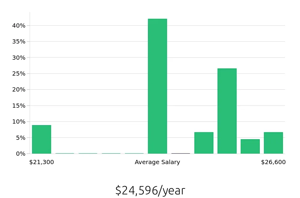 Graph depicting the yearly salary distribution for Dishwasher jobs in Brenham, TX, showing an average salary of $24,596 with varying distribution percentages across salary ranges.