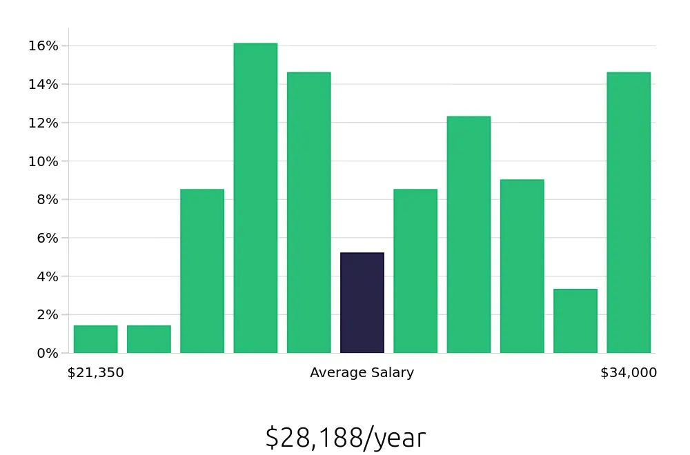 Graph depicting the yearly salary distribution for Dishwasher jobs in Buford, GA, showing an average salary of $28,188 with varying distribution percentages across salary ranges.