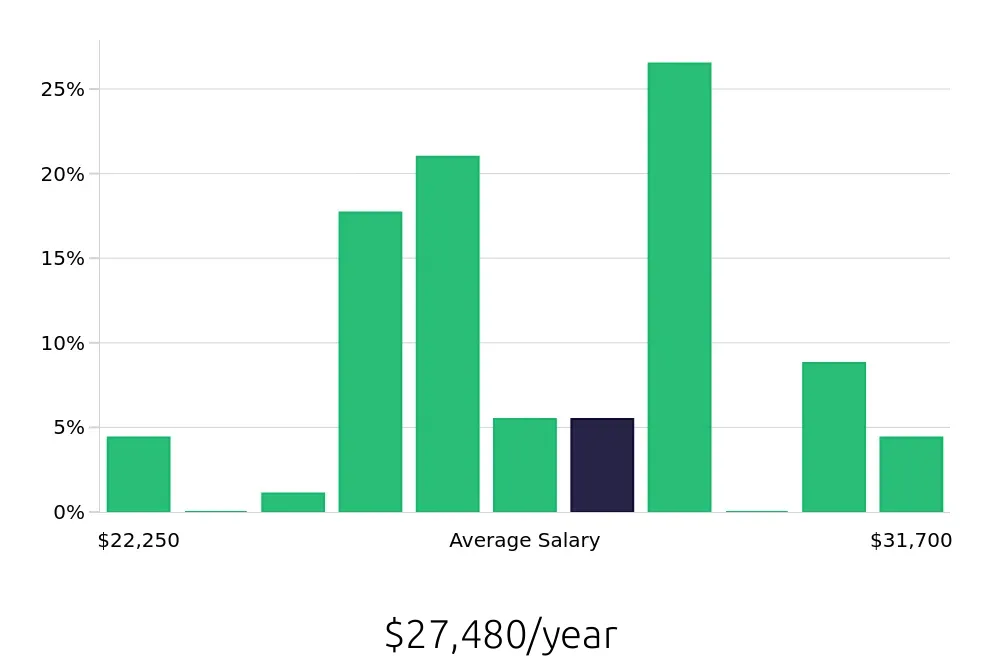 Graph depicting the yearly salary distribution for Dishwasher jobs in Carson City, NV, showing an average salary of $27,480 with varying distribution percentages across salary ranges.
