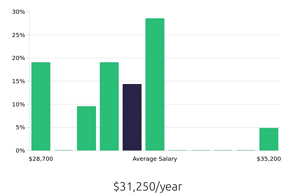 Graph depicting the yearly salary distribution for Dishwasher jobs in Dallas-Fort Worth, TX, showing an average salary of $31,250 with varying distribution percentages across salary ranges.