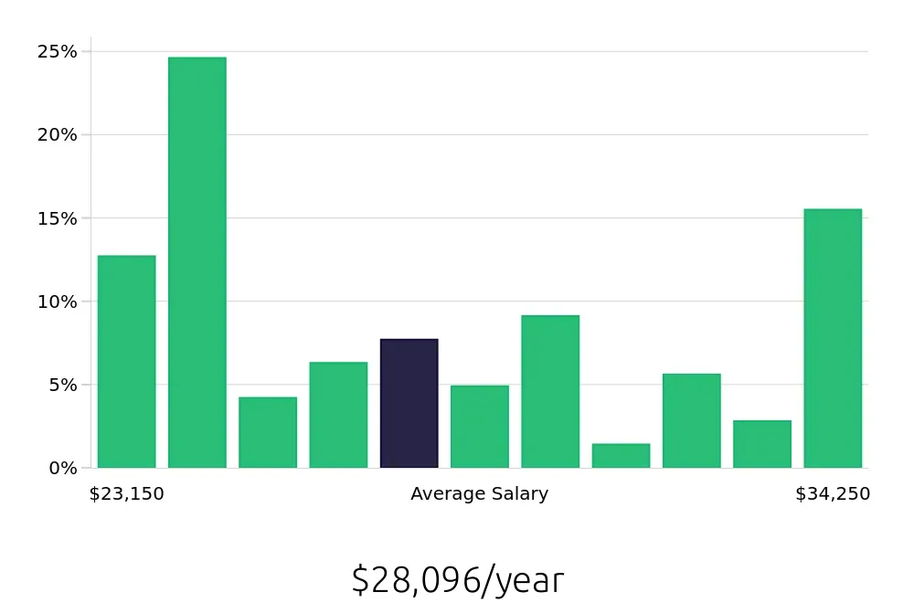 Graph depicting the yearly salary distribution for Dishwasher jobs in Duluth, GA, showing an average salary of $28,096 with varying distribution percentages across salary ranges.
